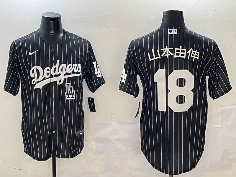 Men Los Angeles Dodgers 18 Yamamoto Black Stripe Jointly Name 2025 Nike MLB Jersey style 13
